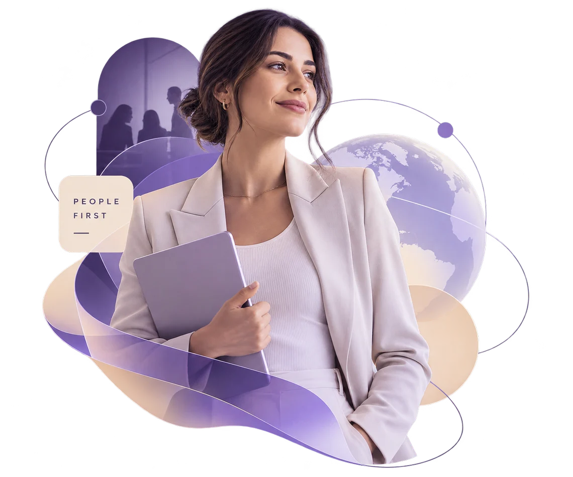 Profesional de recursos humanos con un equipo global detrás